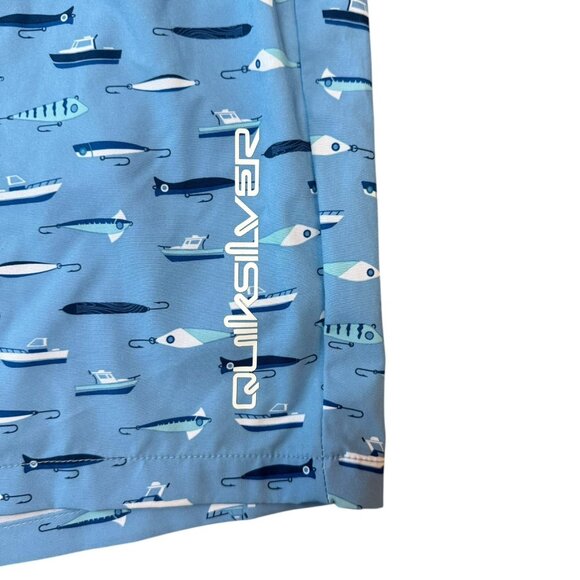 NWOT Quicksilver Board Shorts Mens XL Swim Trunks AOP Fishing Lures Blue Lined - Picture 3 of 8